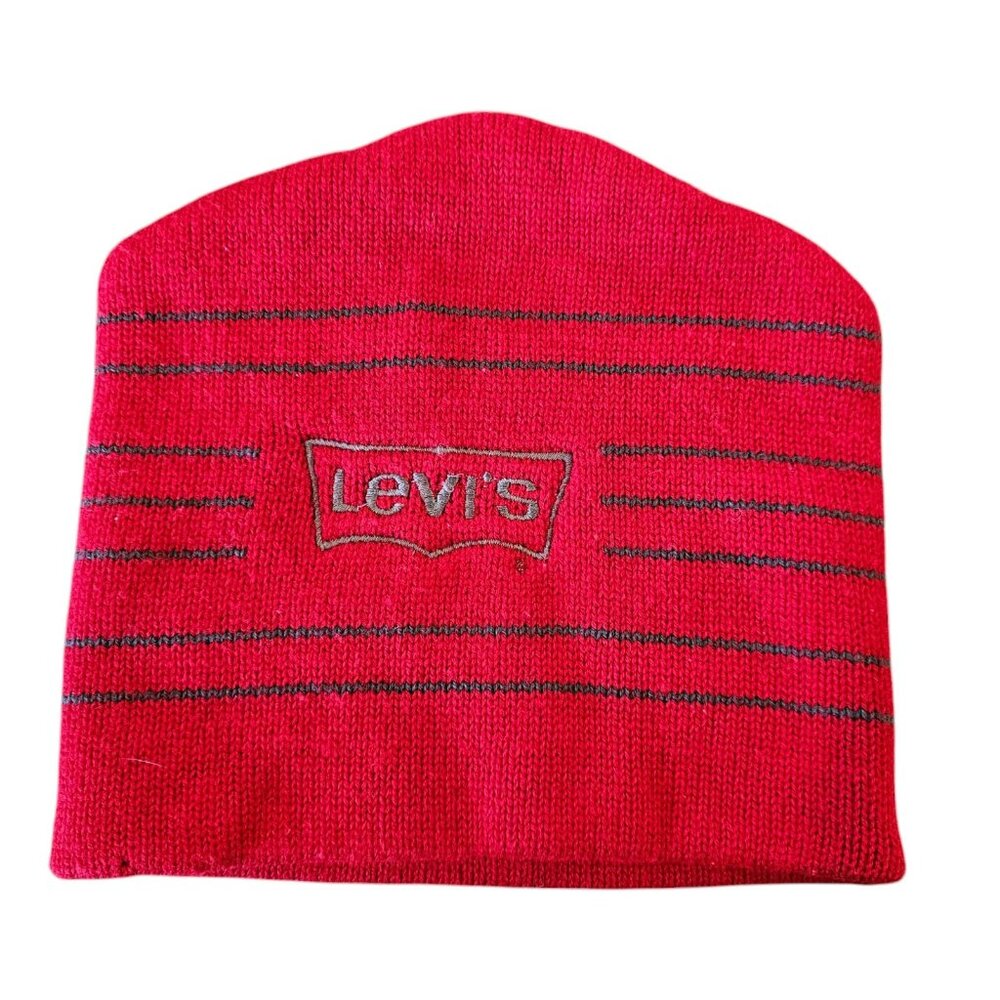 Vintage Levis Red Beanie‎ Stocking Hat Knit Striped Taiwan Embroidered LEVI'S